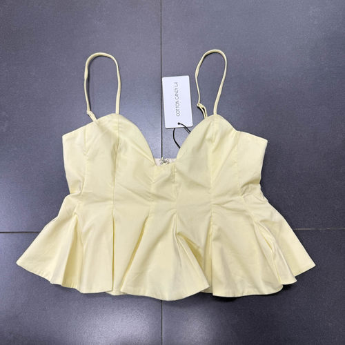 柠檬黄U领花边外贸原单吊带