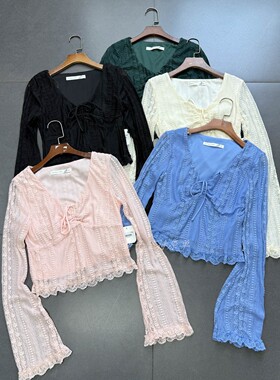 外贸单 alt*r'dstate 水溶蕾丝喇叭袖V袖高腰露脐修身辣妹上衣