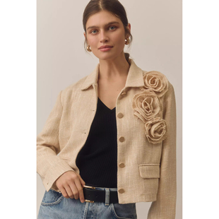 翻领高腰小外套 小香风短款 外贸单小众贵牌d0lan 3D立体花玫瑰花