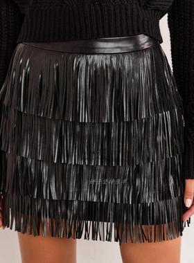 外贸单endless ro*e 黑色pu流苏半裙 百搭冬季趣味摇曳半身裙