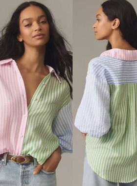 外贸单entr0 彩色条纹拼接衬衫 泡泡袖中袖衬衫上衣