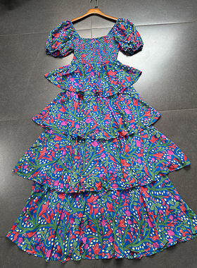 妍子外贸EN家多层蛋糕裙雪纺印花方领蓝色马克西分层连衣裙长裙女