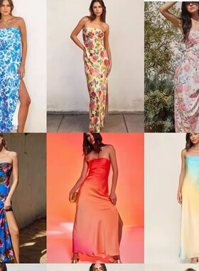 外贸dress f0rum出洛杉矶缎面质感时髦气质高级 斜裁抹胸连衣裙