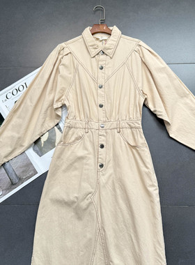 外贸单entr0复古风 西部牛仔风 高腰蝙蝠袖中长款牛仔连衣裙