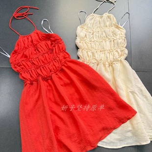 挂脖褶皱露背挂脖小个子A字摆收腰mini裙 橘红 外贸单lulu家 米色