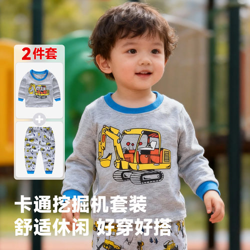 儿童卡通挖掘机套装春秋长袖T恤