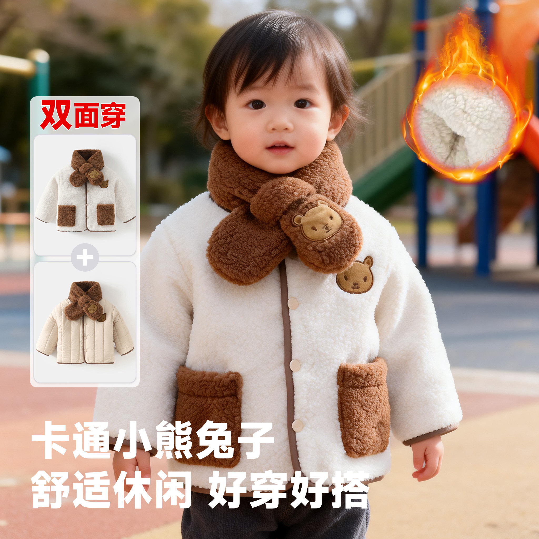 婴幼儿童卡通小熊加绒外套男女童双面穿棉服宝宝兔子围脖毛绒棉袄