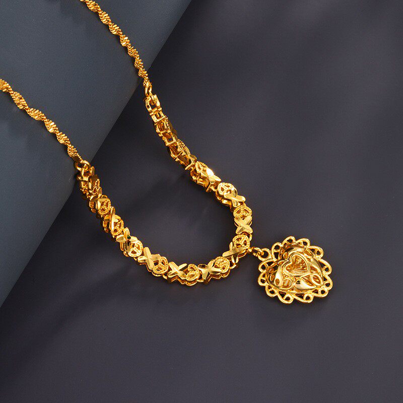 【爱心黄金项链】仿真金项链女桃心锁骨水波链结婚三五金心形吊坠