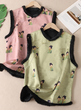 新中式洋气仿香云纱提花唐人印花加绒加厚斜襟坎肩马甲背心女F279