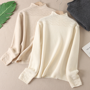 针织衫 温柔风钩花镂空半高领长袖 女亲肤打底毛衣WA434 法式 370克