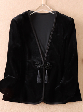 春秋端庄显瘦修身V领钉珠时尚盘扣流苏新中式金丝绒外套女 W3170