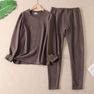 羊绒蛋白条纹两件套装保暖内衣男双面磨毛德绒套装秋衣秋裤B20