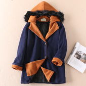 可拆卸连帽秋冬加厚夹棉中长款 毛呢外套女复古撞色领上衣 WC107