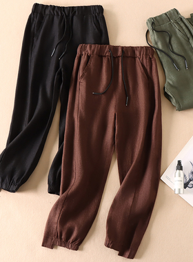春新百搭文艺棉麻透气束脚休闲裤女高腰显瘦纯色直筒九分裤子D481