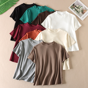t恤女夏棉弹小高圆领百搭显瘦显白新 纯色短袖 W3029 九色选 推荐