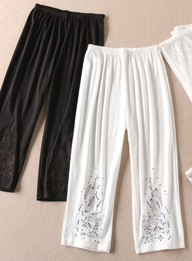简约百搭夏显瘦刺绣烫钻七分裤女松紧腰大弹力冰丝打底裤薄 A622