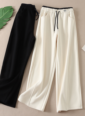 760克~自发热绒感撞色高腰韩版加厚阔腿裤女松弛宽松弯刀长裤B229