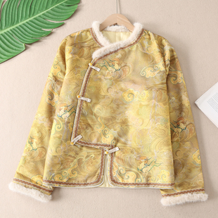 雍容华贵~毛绒立领新中式鎏金祥云提花衬衫女夹棉盘扣衬衣上衣B89