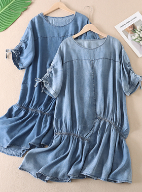 软糯垂感夏新时尚褶皱宽松遮肉显瘦不规则短袖牛仔连衣裙女 D487