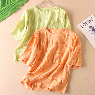 落落大方~清新显白设计感褶皱夏季气质五分袖T恤女百搭上衣 WA195