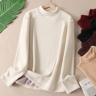 保暖叠穿纯色百搭t恤 女长袖 B97 加厚摇粒绒发热半高领打底衫 冬款