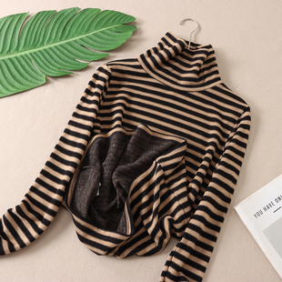 上衣 保暖双面绒感经典 打底衫 女冬新长袖 F341 条纹高领保暖针织衫