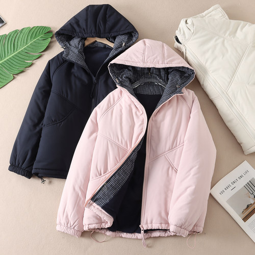 韩版格纹拼接连帽加厚时尚棉服