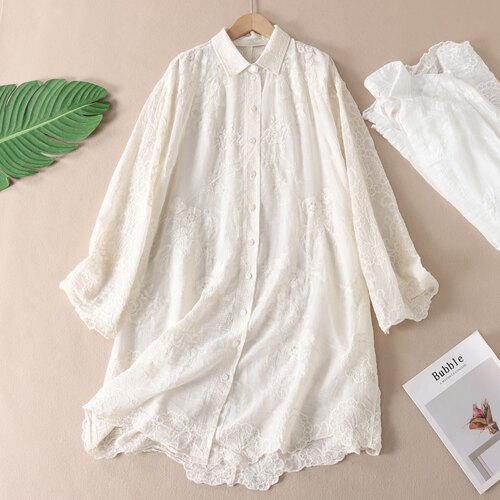 法式腔调软刺绣过膝纯棉衬衫女