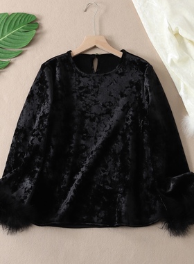 新中式雪花丝绒衬衫女秋冬高级感驼鸟毛袖加绒打底衫内搭上衣B25