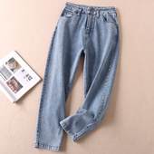 子 高腰两粒扣小直筒水洗浅蓝哈伦休闲裤 WD177 女早秋新款 牛仔长裤