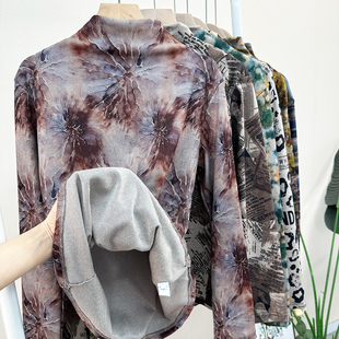 复古扎染印花半高领磨毛加厚长袖 T恤女秋冬百搭显瘦打底上衣W1608
