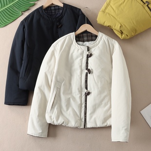 韩版 文艺复古格子撞色牛角扣棉服女冬新保暖百搭圆领棉衣外套B364