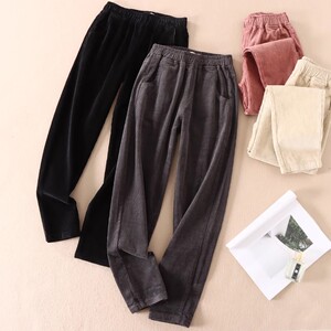 秋冬显瘦高腰灯芯绒休闲裤女式百搭竖绒百搭黑色哈伦长裤子 D517