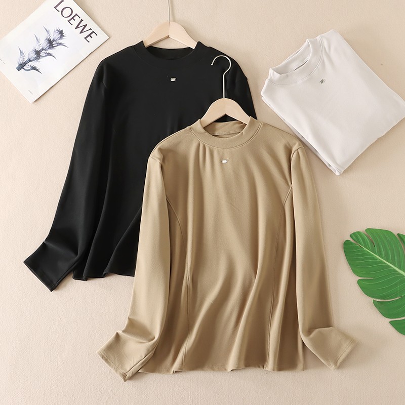 显瘦鱼骨线自发热绒感秋冬圆领大码长袖T恤女时尚保暖打底绒衫T66