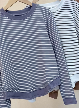 松弛慵懒风2024秋新条纹圆领假两件T恤女时髦设计感舒适打底衫T32