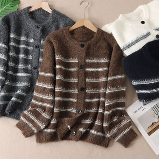 490克 WA196 复古高级感撞色条纹毛衣外套女秋冬慵懒软糯针织开衫