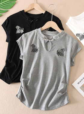 温柔气质刺绣蝴蝶新中式盘扣旗袍领上衣女显瘦褶皱短袖T恤夏 F278