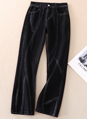 韩版洋气拼接水洗黑色牛仔裤女秋季新品百搭显瘦高腰直筒裤 B764