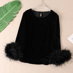 年轻上衣W625 女秋冬新圆领宽松长袖 轻奢气质袖 口鸵鸟毛丝绒衬衫