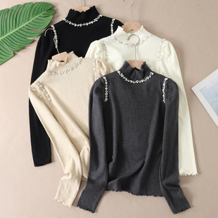 精致温婉钉珠半高领泡泡袖针织衫女秋冬修身气质打底毛衣WA67
