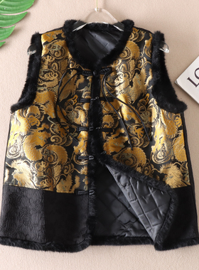 2023冬新复古新中式金丝线提花马甲女叠穿时尚外套毛边坎肩 W3369