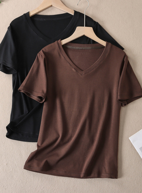 简约大方利落V领高级感短袖T恤女百搭修身透气粘纤气质上衣 W258