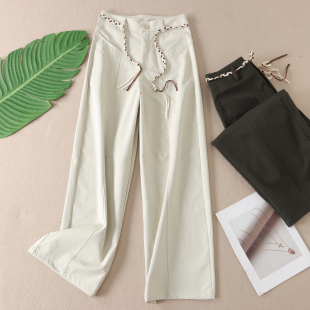 女春新修饰腿型显瘦松弛宽松斜纹长裤 腰带阔腿休闲裤 W202 工装 韩版