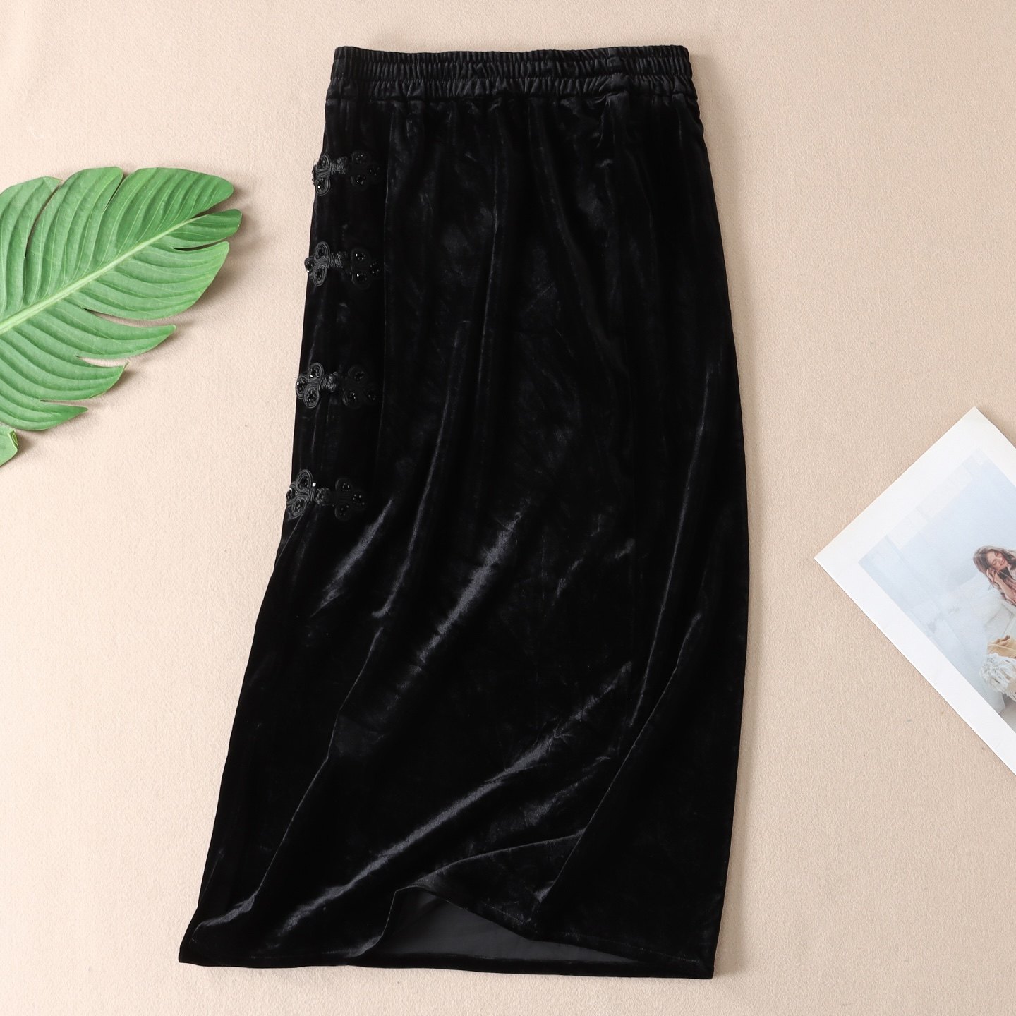 吉祥水钻盘扣气质丝绒开衩高腰半身裙女显瘦串珠直筒中长裙 W451,女装/女士精品,半身裙,淘宝优惠券,粉丝福利购,淘宝优惠卷