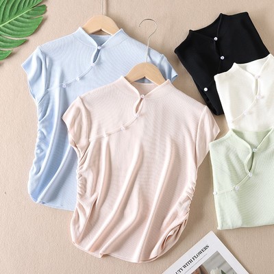 旗袍领冰丝针织衫女薄款