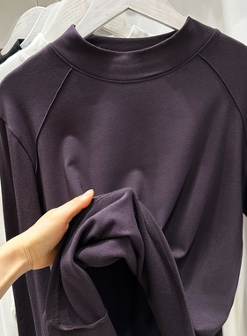 95棉立体肩缝线半高领磨毛拉绒t恤女百搭保暖修身打底衫上衣 F460