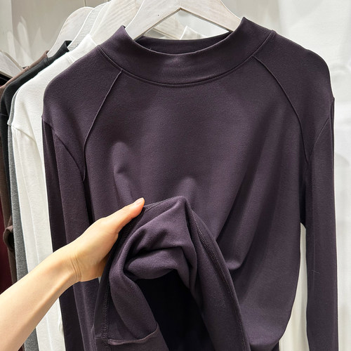 95棉立体肩缝线半高领磨毛t恤