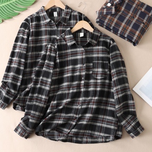 女秋外穿翻领开衫 衬衣百搭上衣W323 衬衫 复古休闲纯棉撞色格子长袖