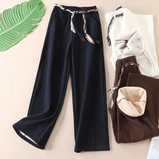 X44 显高立体缝线直筒裤 690克有腰带蚕丝羊毛加厚绒休闲长裤 女时尚