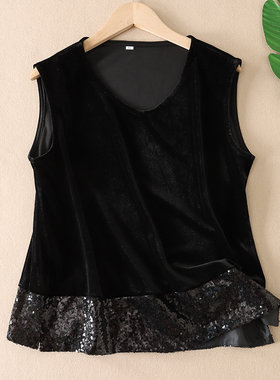 2024早秋新款亮片拼接宽松无袖背心上衣女士金丝绒优雅打底 B567